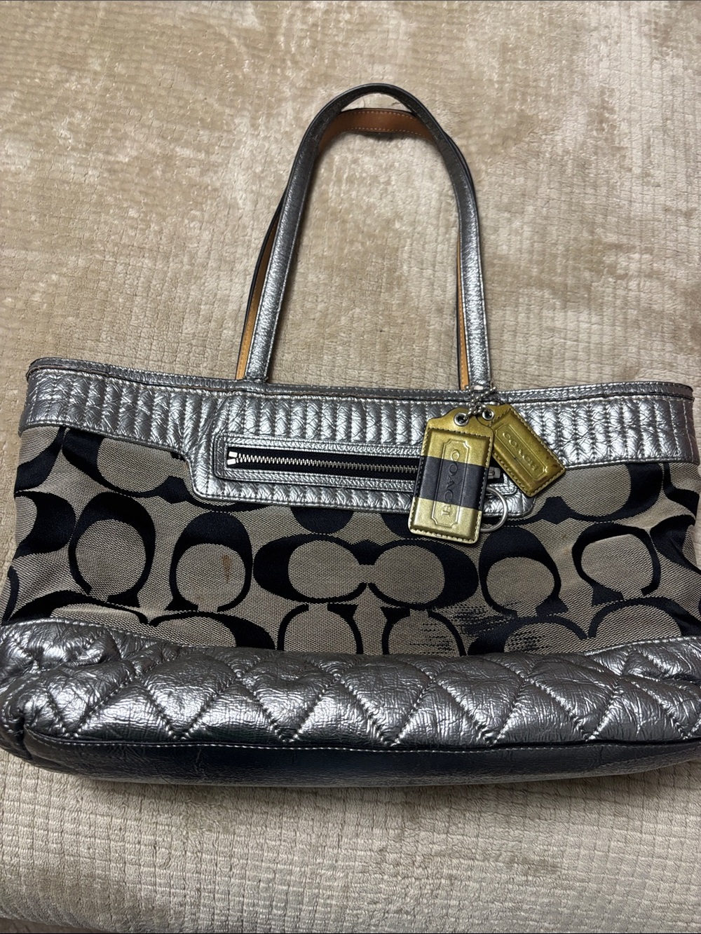 Coach Metallic Silver Quilted Tote with Signature Canvas